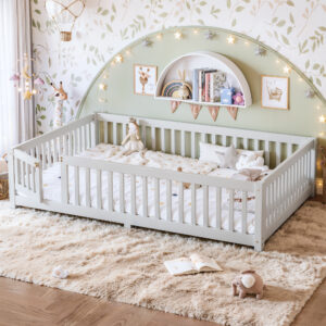 Queen Size Bed Floor Bed with Safety Guardrails and Door for Kids, White