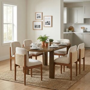 7 Pieces Modern Oval Dining Set, Rustic Farmhouse Solid Wood Kitchen Table Set for 6, 71'' Large Retro Country Dinner Set with Walnut Chair, for Dining Room, Kitchen, Home Office, Living Room, Walnut