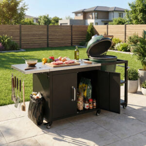 K&K 76.6" Outdoor Large Grill Cart with Storage Cabinet, Outdoor Kitchen Island with Steel Drop Leaf for Large Big Green Egg, Outdoor Grill Table with Adjustable Shelf & Hooks & Bottle Opener for BBQ
