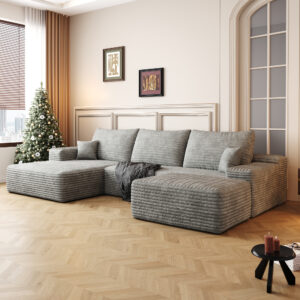 107"Cloud Sectional Sofa with 1 Ottoman,Modern Minimalist Upholstered Couches,Comfort U Shaped Sofa for Living Room,Deep Seat Corner Couch,No Assembly Required,Grey (Plush Corduroy Fabric)