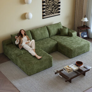 107" Cloud Sectional Sofa with 1 Ottoman,Modern Minimalist Upholstered Couches, Comfort U Shaped Sofa for Living Room,Deep Seat Corner Couch,No Assembly Required (Plush Corduroy Fabric),Green