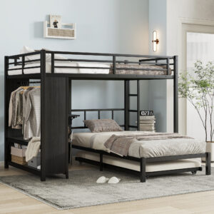 Full over Twin XL (Full XL over Twin XL) Bunk Bed with Built-in Wardrobe, Metal Bunk Bed with Twin Trundle, Foldable Desk, Ladders, Noise-reduced design, Black