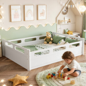 Full Size Floor Platform Bed with Full-length Guardrails, Low Profile Full Bed Frame, No Box Spring Needed, White