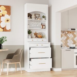 TOPMAX Modern 28.7x17.5x83.7inch High Kitchen Pantry, Freestanding Tall Kitchen Hutch with Faux Marble Top, Display Cupboard Cabinet with 5 Storage Drawers, Glass Holders and Adjustable Shelf, White