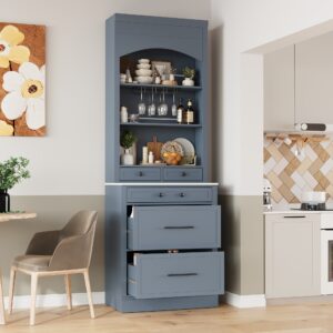 TOPMAX Modern 28.7x17.5x83.7inch High Kitchen Pantry, Freestanding Tall Kitchen Hutch with Faux Marble Top, Display Cupboard Cabinet with 5 Storage Drawers, Glass Holders and Adjustable Shelf, Gray