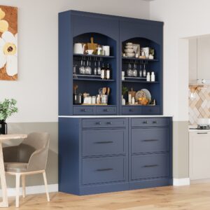 Modern 28.7x17.5x83.7inch High Kitchen Pantry, Freestanding Tall Kitchen Hutch with Faux Marble Top, Display Cupboard Cabinet with 5 Storage Drawers, Adjustable Shelf and Glass Holders,Set of 2, Blue