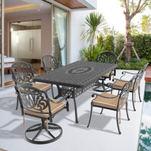 7-Piece All-Weather Cast Aluminum Dining Set, Include 2 Swivel Chairs,4 Dining Chairs and Rectangular Table With Black Frame