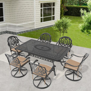 7-Piece All-Weather Cast Aluminum Dining Set, Include 6 Swivel Chairs and Rectangular Table With Black Frame (same sku:W1710S00284)