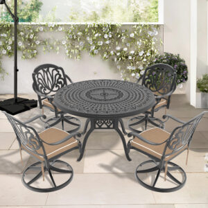 5-Piece All-Weather Cast Aluminum Dining Set, Include 4 Swivel Chairs and 47.24" Round Table With Black Frame (same sku:W1710S00447)