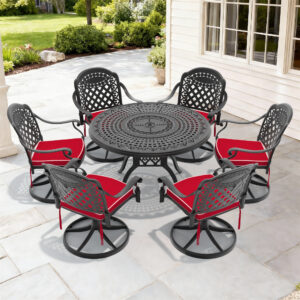 7-Piece All-Weather Cast Aluminum Dining Set, Include 6 Swivel Chairs and 47.24" Round Table With Black Frame