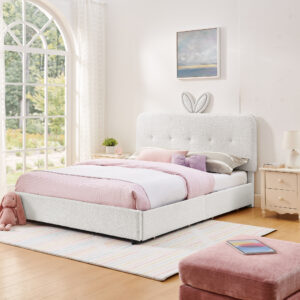 Queen Size Kids Upholstered Bed with Oversized Rabbit Ear Headboard, LED Light & 4 Storage Drawers, Boucle Fabric (84.5''X62.75''X41'')