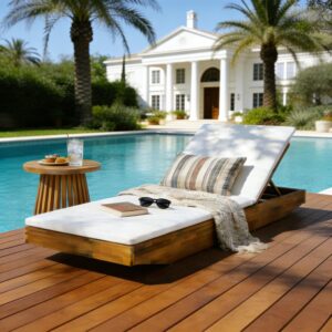 Acacia Wood Chaise Lounge with 2-Fold Thin Cushion - Teak Finish Outdoor Recliner with Cream Water-Repellent Cushion, 79.6" L x 29" W, 300 lbs