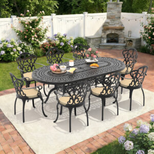 9-Piece Set Of Cast Aluminum Patio Furniture With Black Frame and Off-white Seat Cushions(same sku:W1710S00108 )