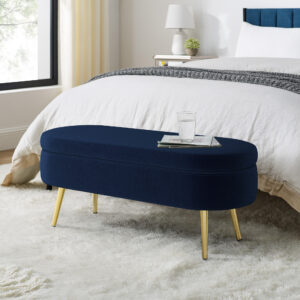 Ottoman Oval Storage Bench, Flannel with Metal Legs-Dark Blue(43.5"x16"x16")