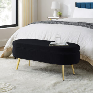Ottoman Oval Storage Bench, Flannel with Metal Legs-Black(43.5"x16"x16")